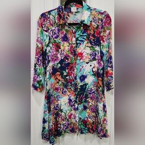 Cupio Vibrant Colorful Floral Print 100% Viscose Button Down Blouse Women's M
